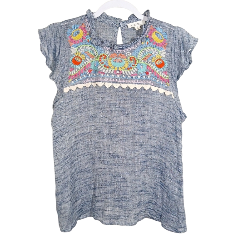THML Blue Embroidered Boho Blouse Medium Linen Blend Lace Trim
